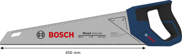 Cưa tay Bosch 450 mm, 11 răng/inch, thép SK5, dùng để cắt gỗ.